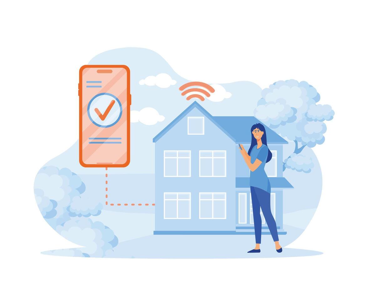 casa e casa inteligente ao controle controlo remoto sem fio tecnologia Smartphone conexão ou Internet distância vigilância automação aplicativo em Móvel telefone aplicativo. plano vetor moderno ilustração
