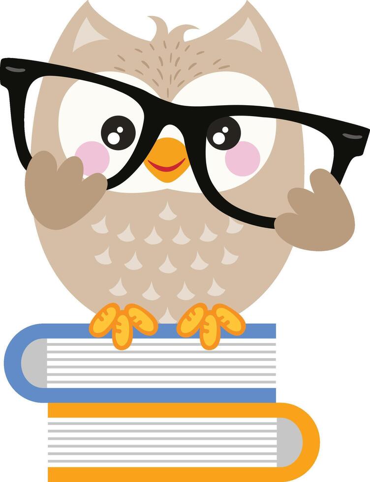 coruja aluna segurando óculos em topo do livros vetor