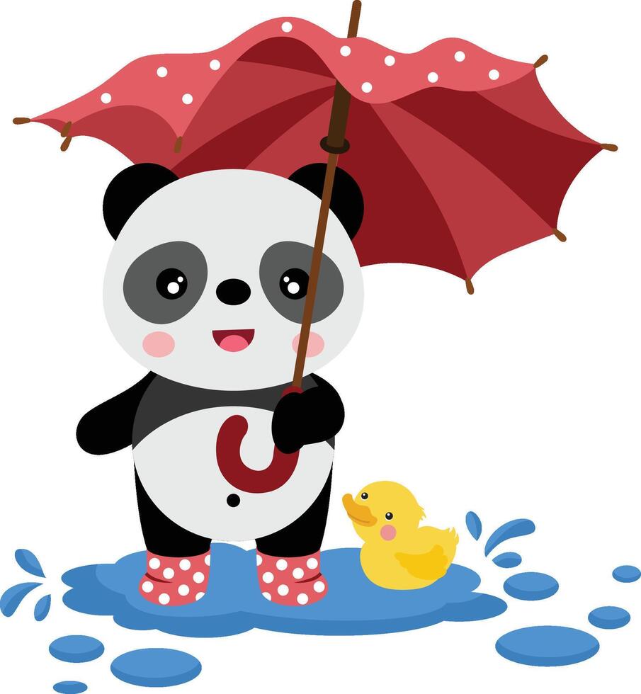 fofa panda com chuteiras e amarelo Pato segurando a guarda-chuva vetor