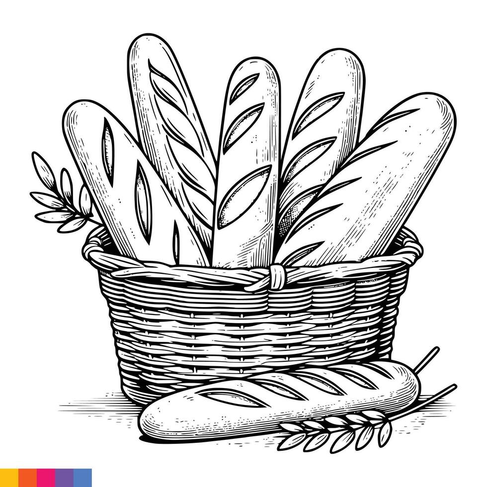 padaria cesta. padaria Comida mão desenhado linha arte ilustração para a coloração livro. Comida linha arte para uma coloração página. vintage esboço vetor gráficos.