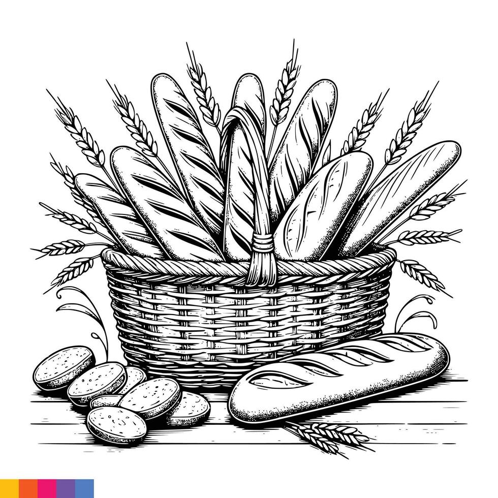 padaria cesta. padaria Comida mão desenhado linha arte ilustração para a coloração livro. Comida linha arte para uma coloração página. vintage esboço vetor gráficos.