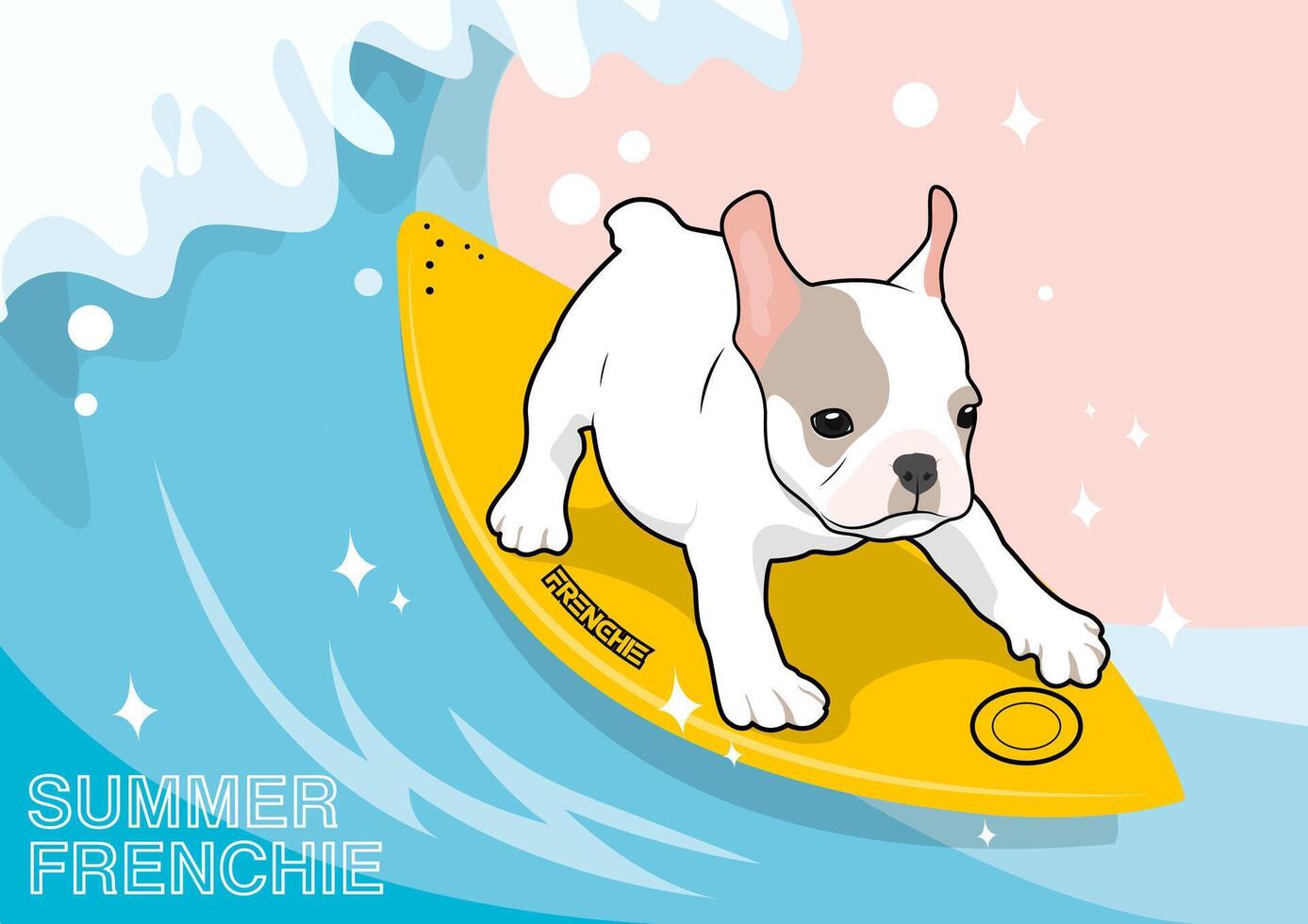 fofa frenchie e dele prancha de surfe dentro a verão cena vetor