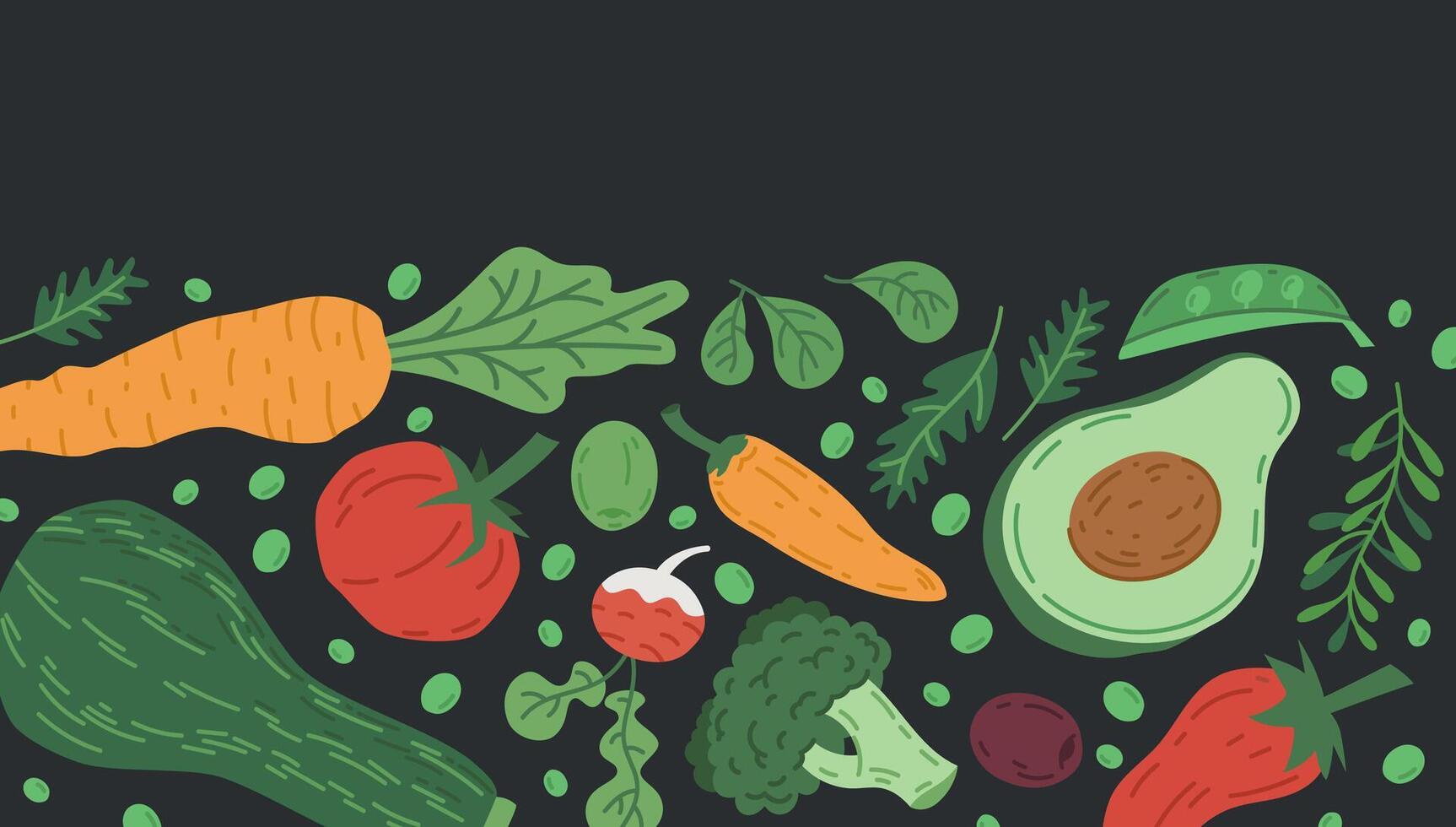 legumes padronizar. mão desenhado orgânico legumes fundo, abacate, tomate e cenoura plano vetor ilustração. Pimenta e abobrinha vegetariano Comida pano de fundo