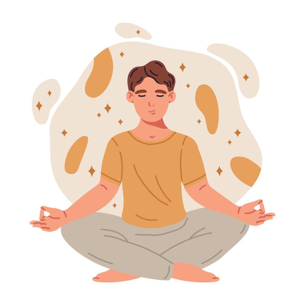 masculino personagem meditando. cara meditando dentro ioga lótus pose, calma, tranquilidade e meditação plano vetor ilustração. relaxado homem meditando