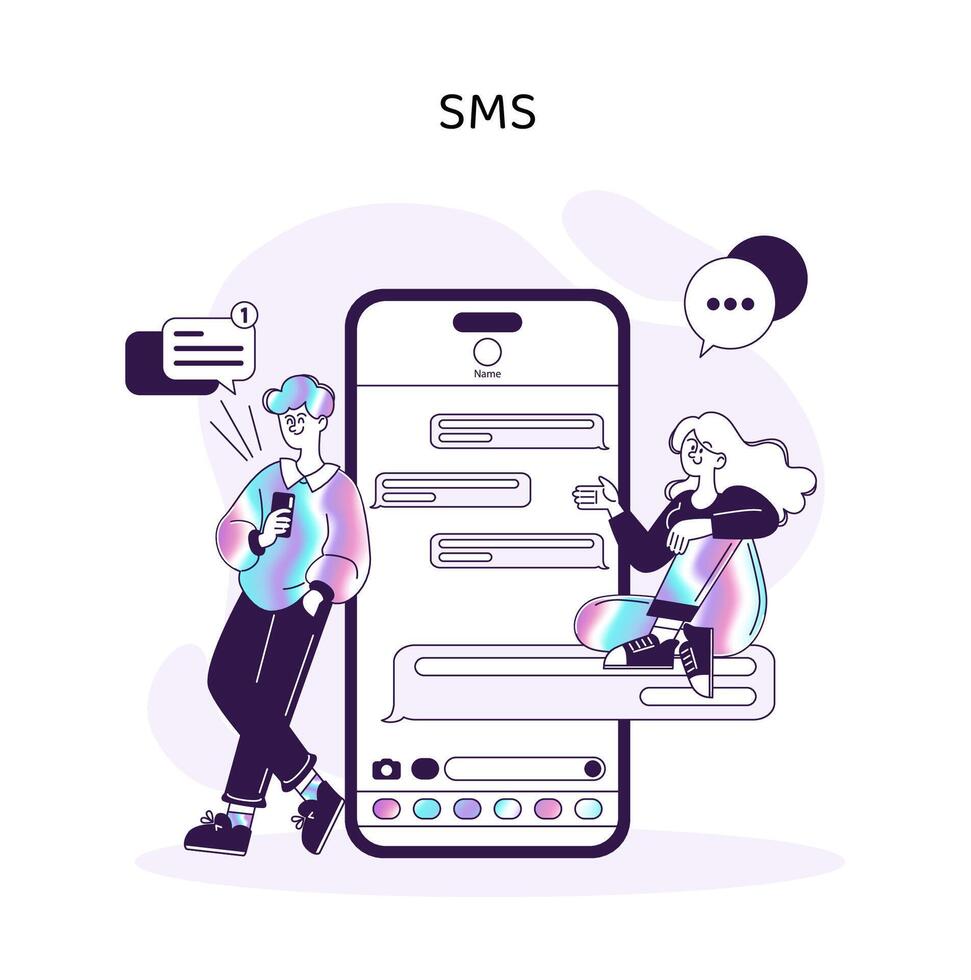 personagens interagindo com SMS em uma Smartphone, simbolizando instante baseado em texto comunicação vetor