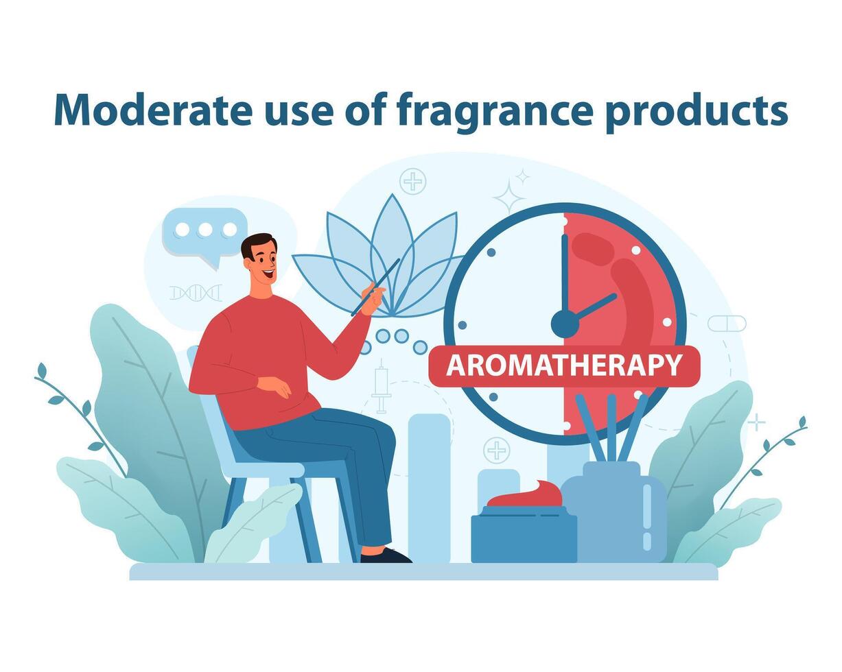 fragrância moderação ilustração. homem com aromaterapia produtos. vetor
