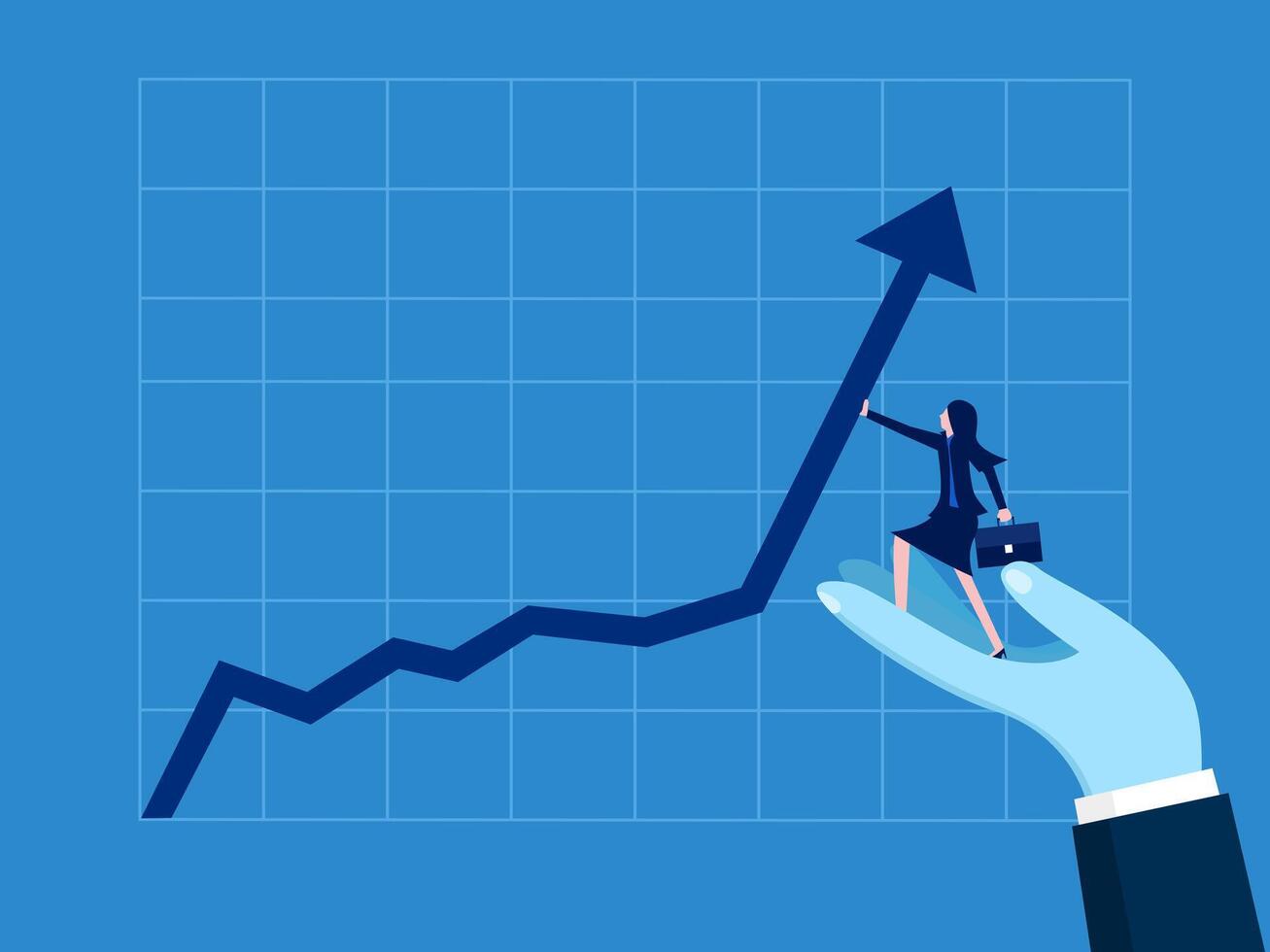 empresária em pé dentro ajudando mão puxar aumentando gráfico vetor