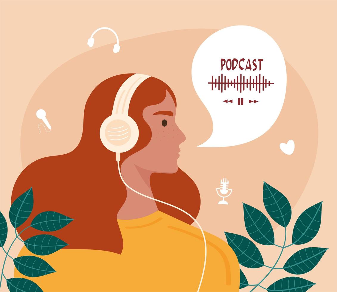 mulher ouvindo podcast vetor