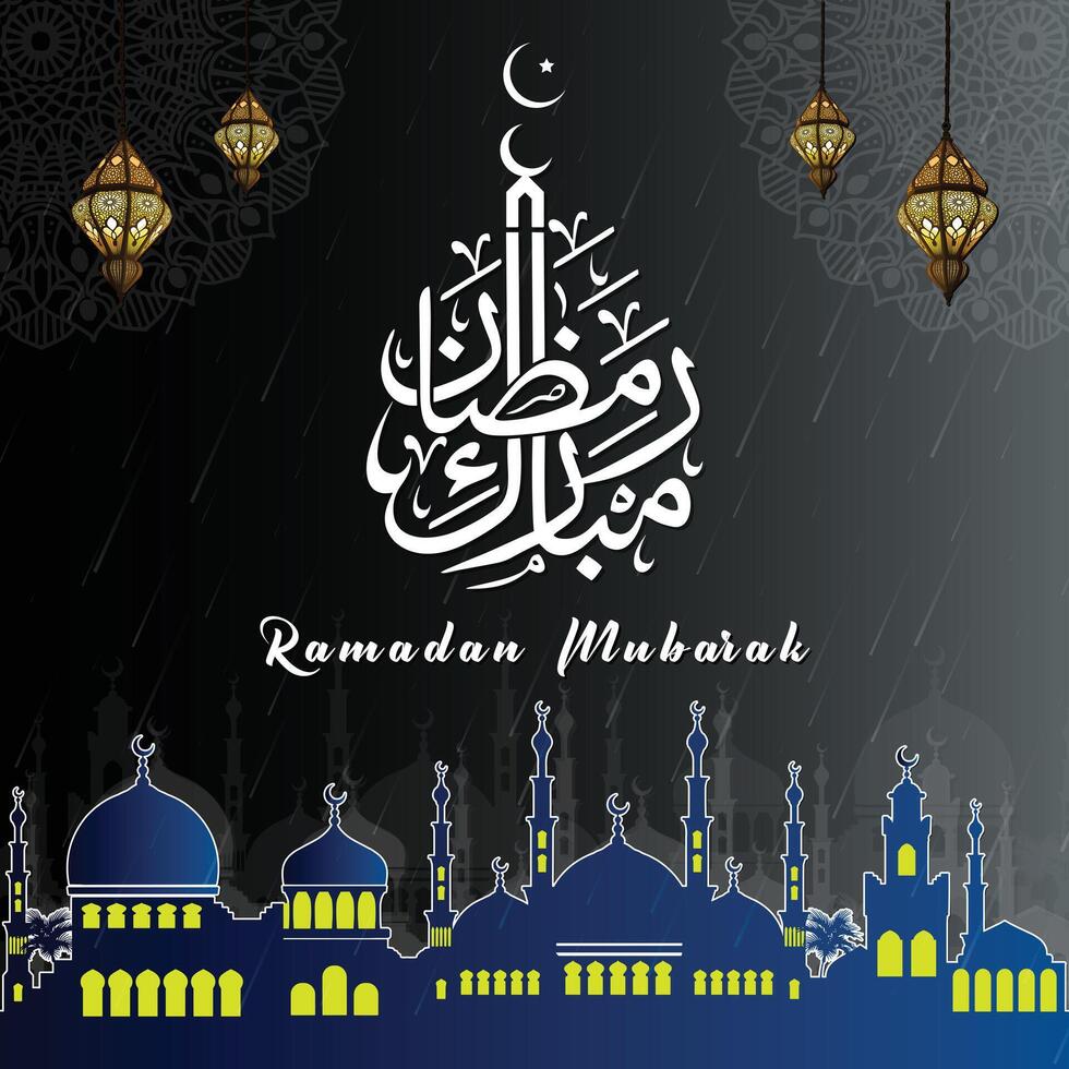 Ramadã Mubarak social meios de comunicação postar Projeto com árabe caligrafia e foto espaço em azul gradiente fundo. ótimo para cumprimento cartões também. vetor ilustração.