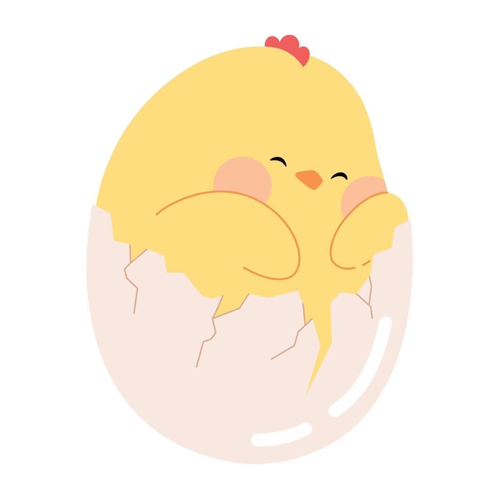 fofa desenho animado pequeno frango. Páscoa amarelo pintinho dentro rachado ovo. engraçado filhote personagem chocado a partir de ovo vetor ilustração isolado em uma branco fundo para Páscoa cartões, bandeiras, e adesivos.