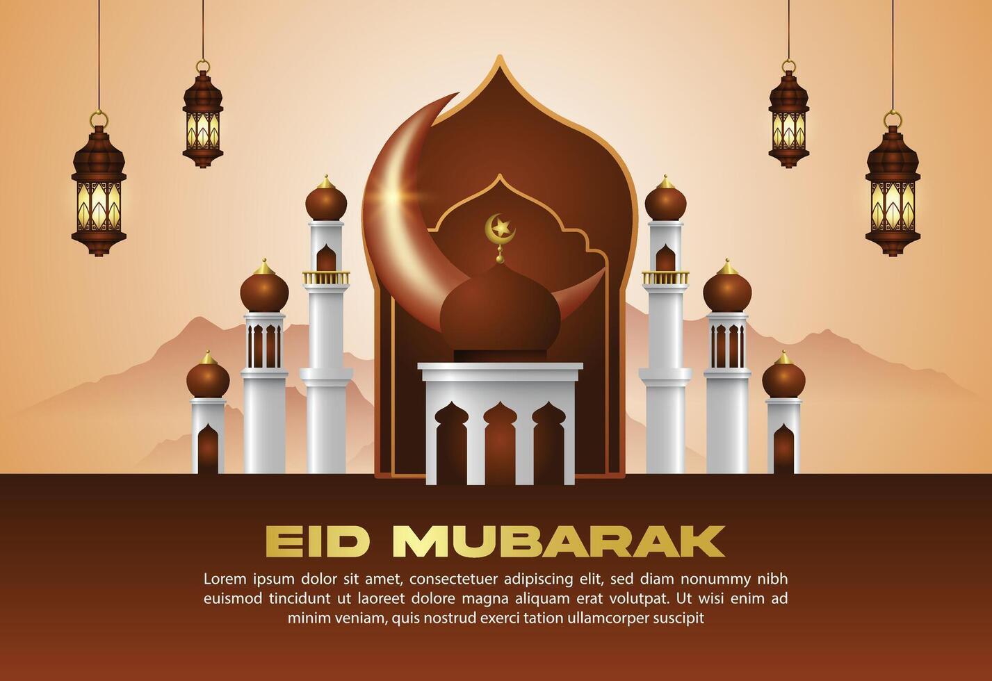 islâmico cumprimento eid Mubarak Projeto fundo, modelo com lindo lanternas e crescente vetor