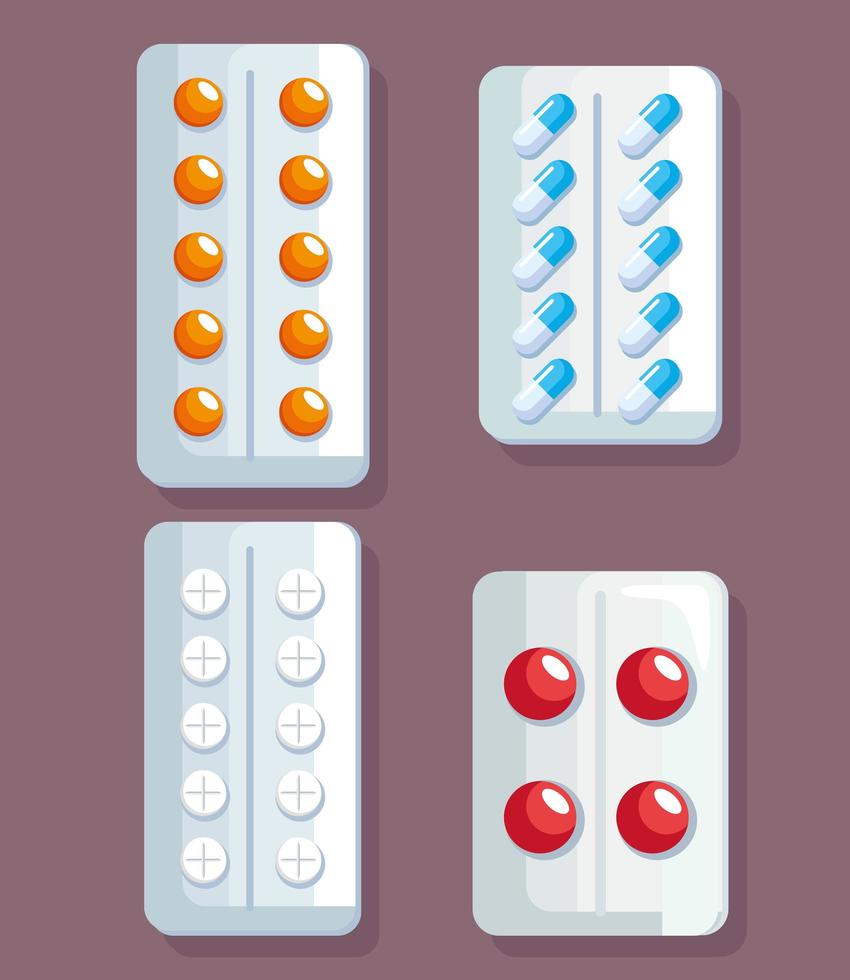 farmácia medicina quatro ícones vetor