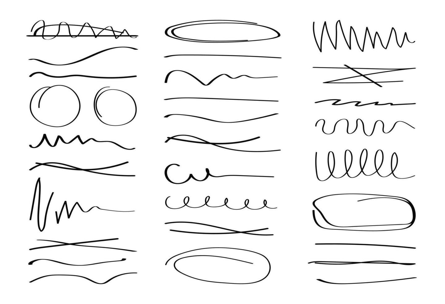 mão desenhado coleção do diferente diário rabisco linhas e elementos. marcador caneta sublinhado e tachado editável golpes para Nota livro. rápido cruzado e ondulado realçar marcadores para rabiscar almofada vetor