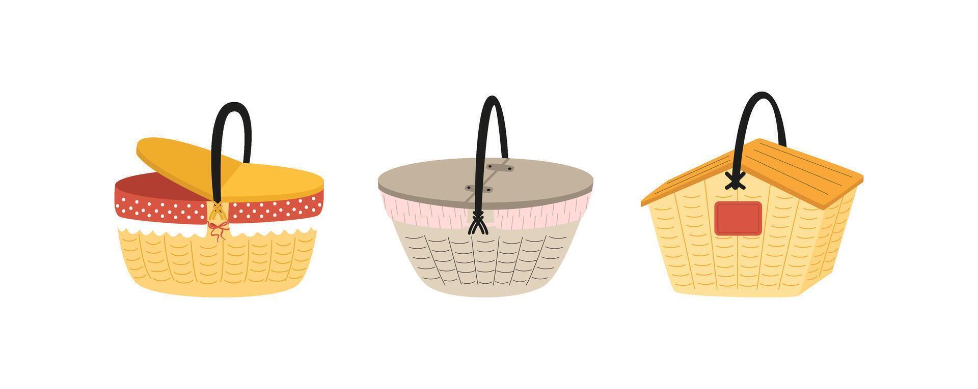 conjunto do cestas para Comida. piquenique cesta ícones e rabiscos. desenho animado vime cestas. vetor