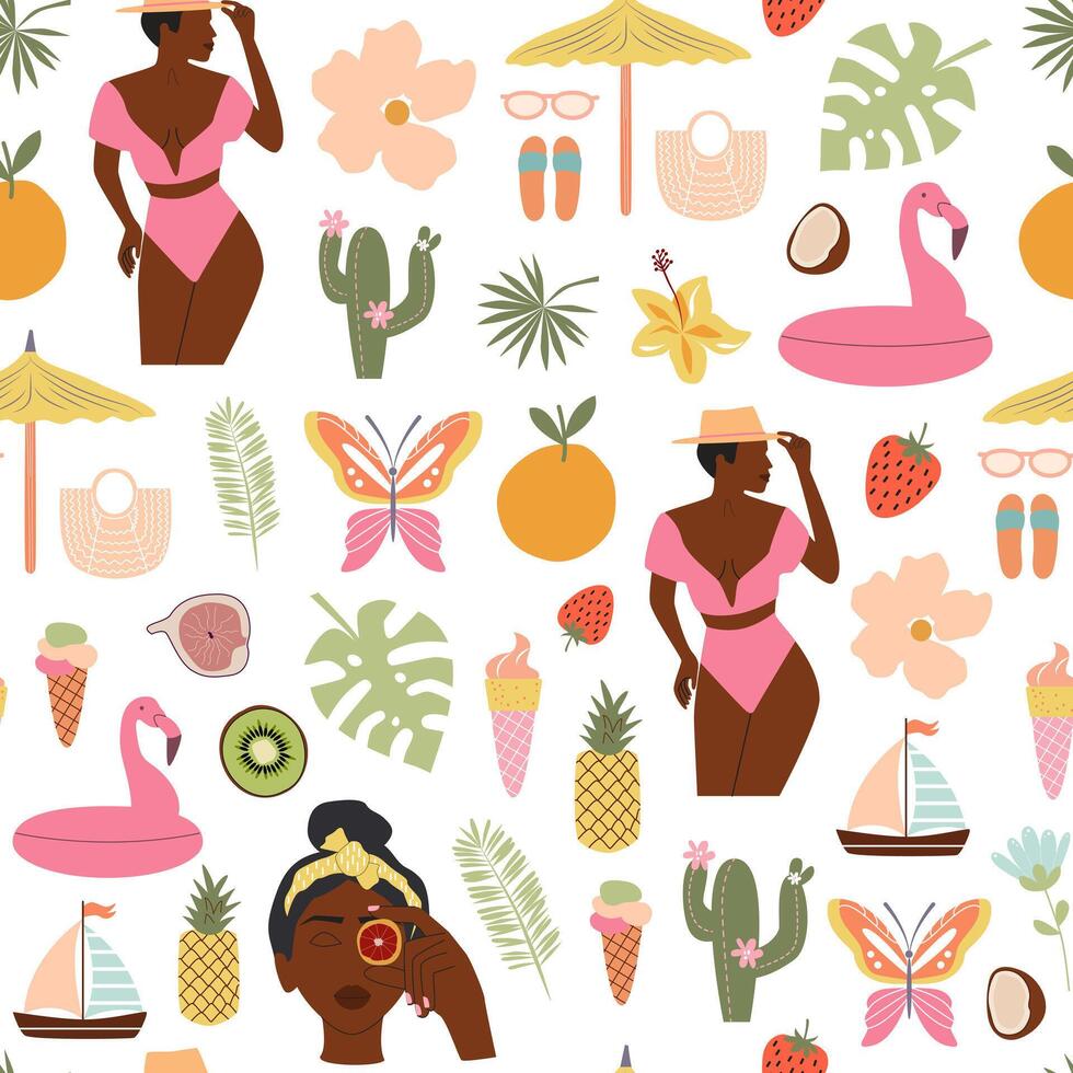 verão trópico frutado desatado padronizar. Preto jovem mulher face. borboleta, frutas, tropical exótico folhas e flores, flamingo, sorvete. exótico fundo, digital papel, pano de fundo. vetor