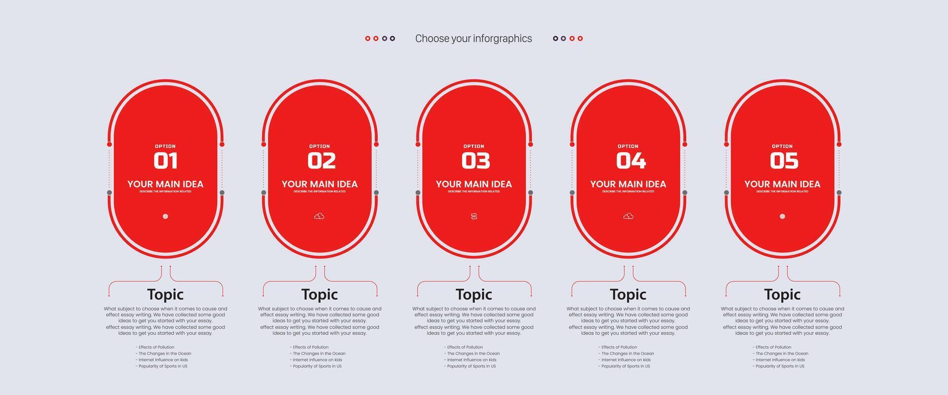 cinco vermelho opções do infográfico modelos Projeto. 5 elementos do moderno vermelho infográficos estilo, o negócio e finança processo, infográfico processo passos vetor, ilustração vetor