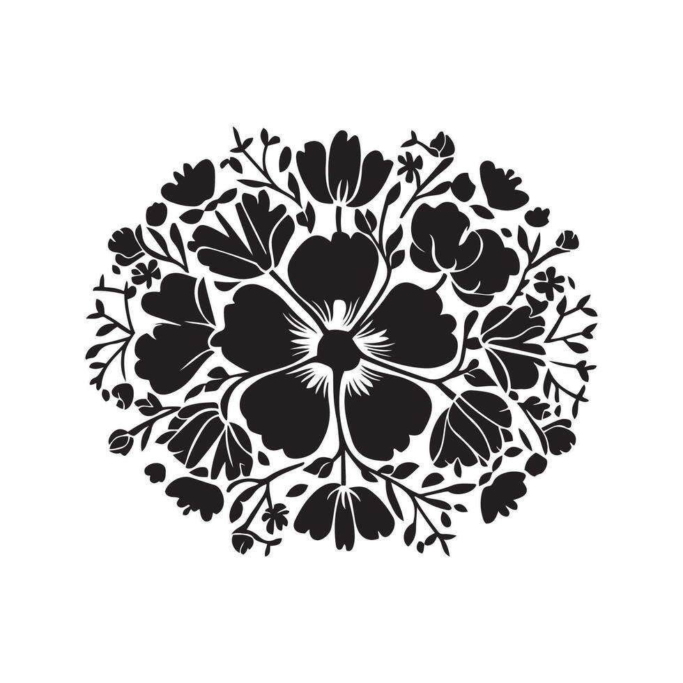 Preto linha floral composição dentro uma círculo, decorativo botânico vetor elemento silhueta