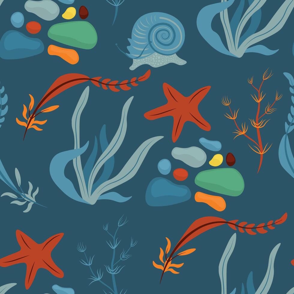 vetor desatado padronizar com peixe, corais, e algas marinhas. fundo, papel de parede, têxtil ou papel impressão