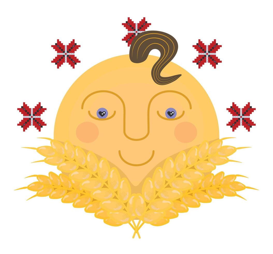 orelhas do trigo, bordado flores e Sol. vetor ucraniano impressão dentro amarelo e vermelho cores