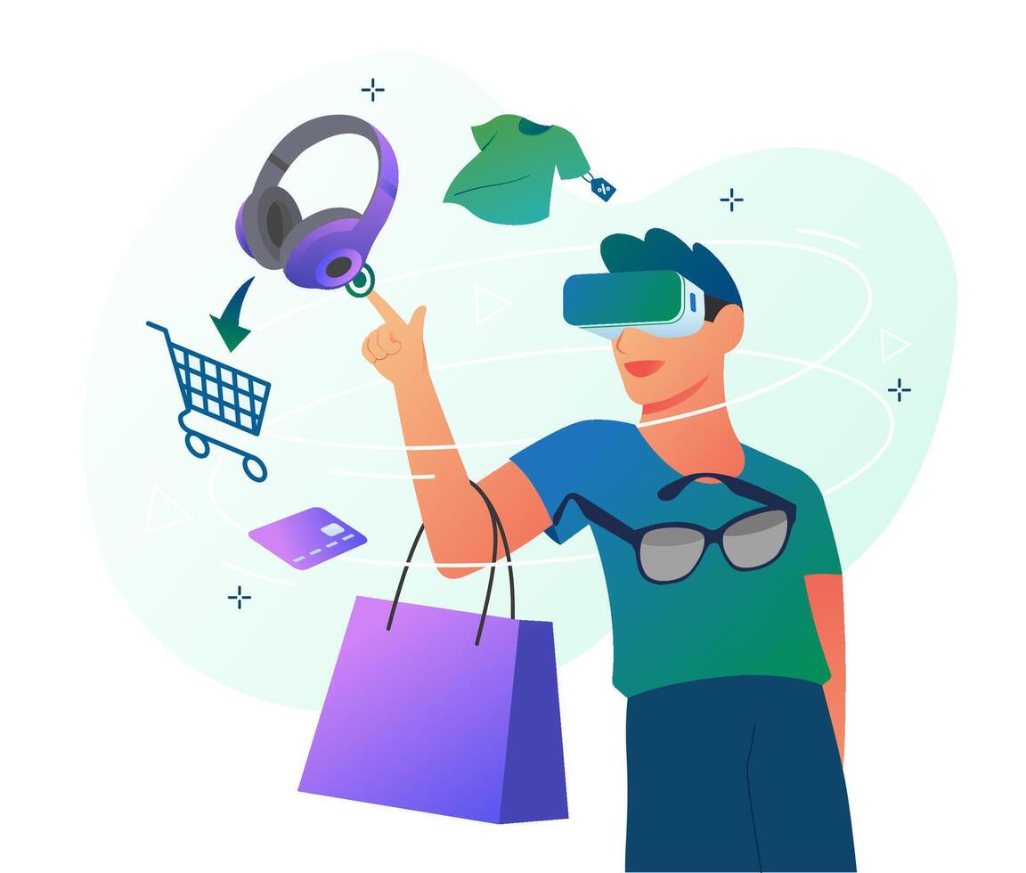 virtual realidade compras conceito. compras dentro metaverso. mulher dentro vr óculos comprando coisa. vetor ilustração
