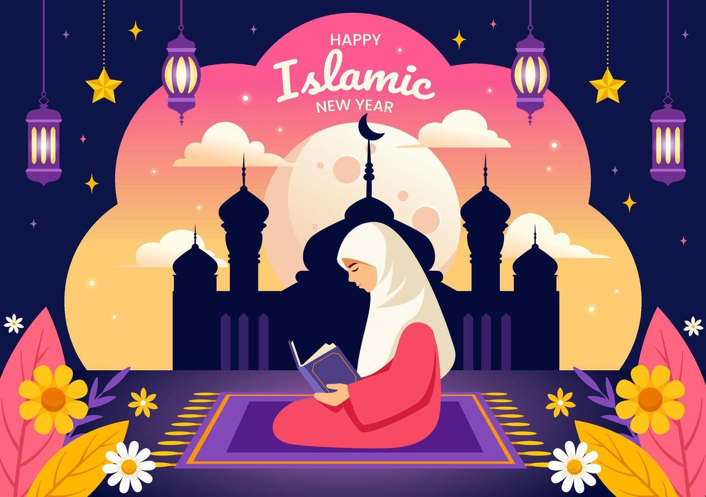 feliz muharram vetor ilustração do a comemorar islâmico Novo ano com mesquita, lua e lanterna conceito dentro plano crianças desenho animado fundo