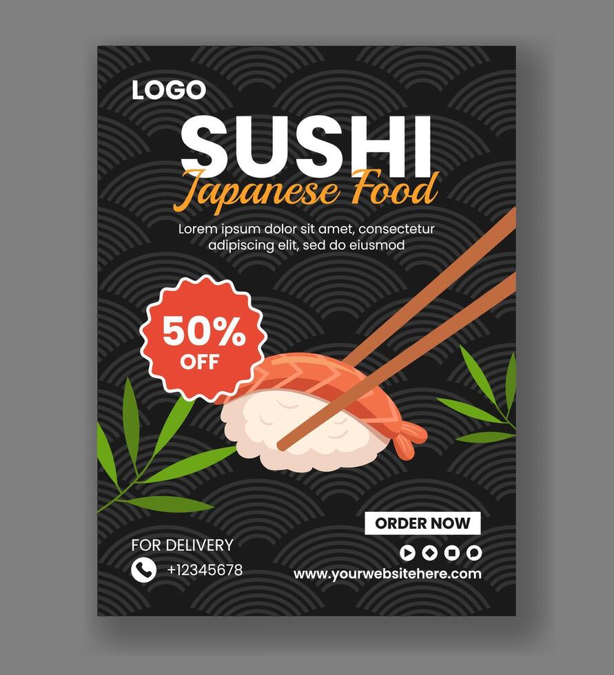 Sushi japonês Comida vertical poster plano desenho animado mão desenhado modelos fundo ilustração vetor