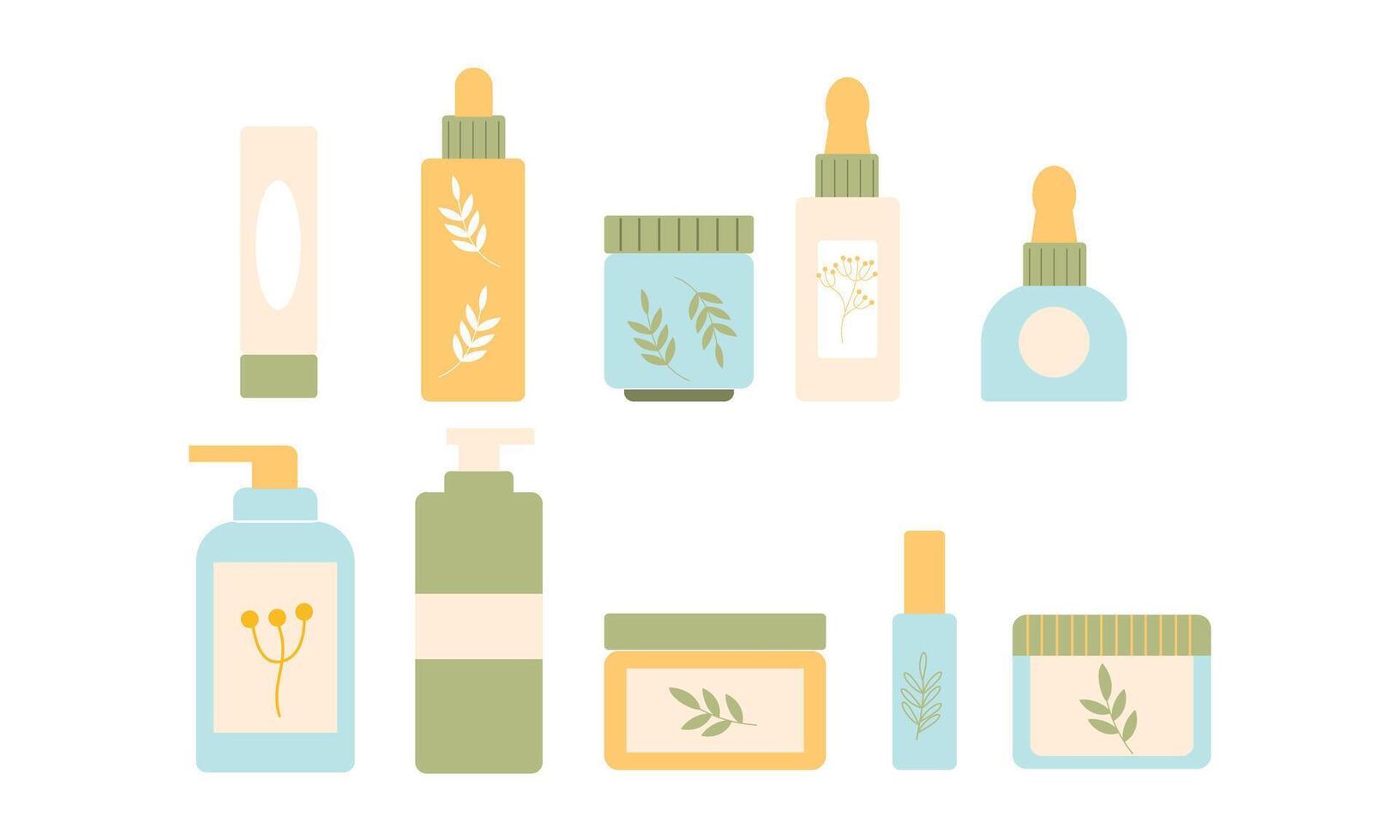 natural orgânico cosméticos para pele dentro colorida garrafas, tubos, frascos vetor plano ilustração