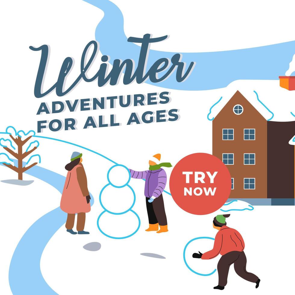 sazonal inverno aventuras, experimentar construção boneco de neve vetor