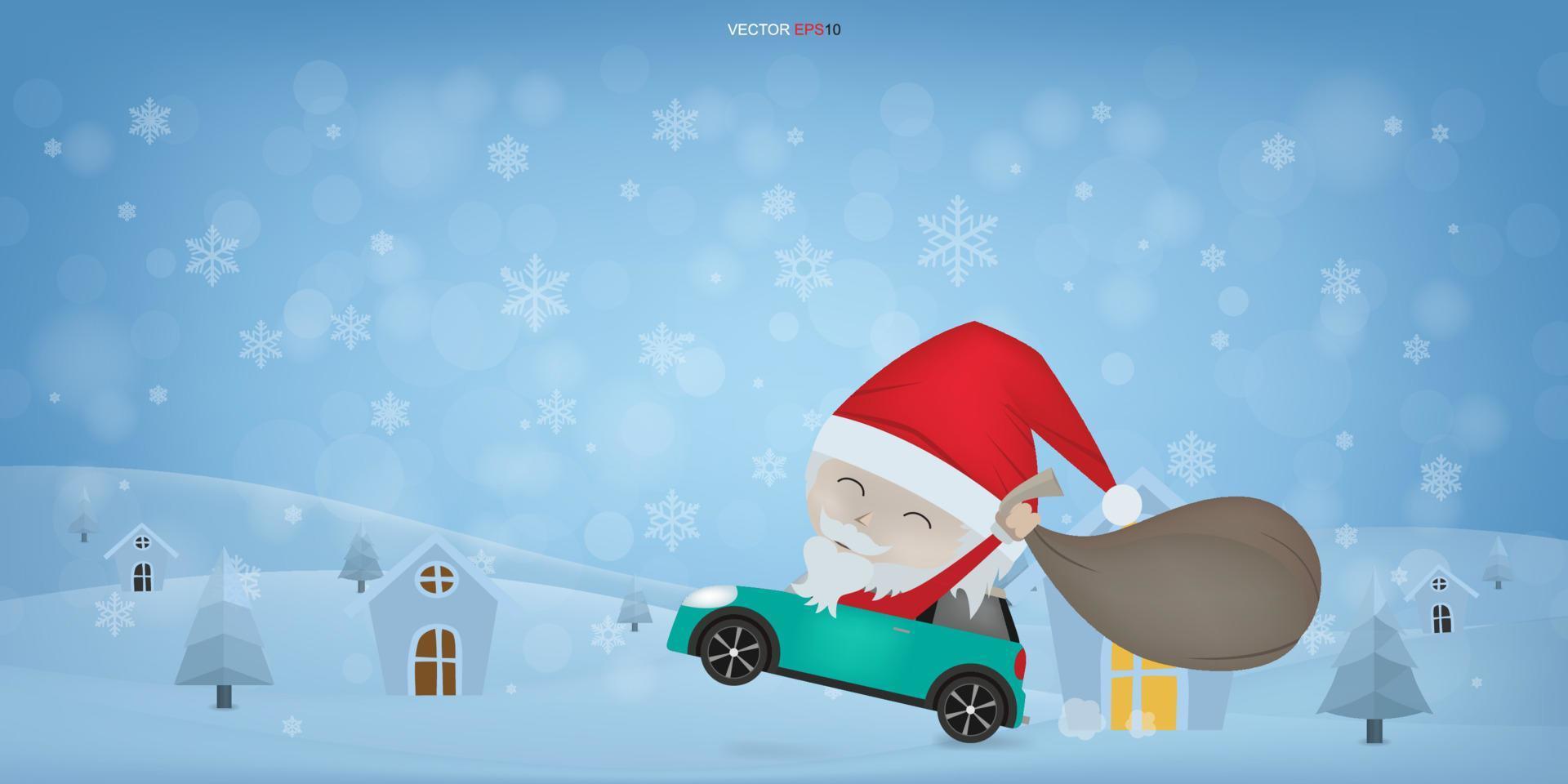 Papai Noel no carro. fundo abstrato do natal. personagem de desenho animado no fundo do inverno elegante. vetor. vetor