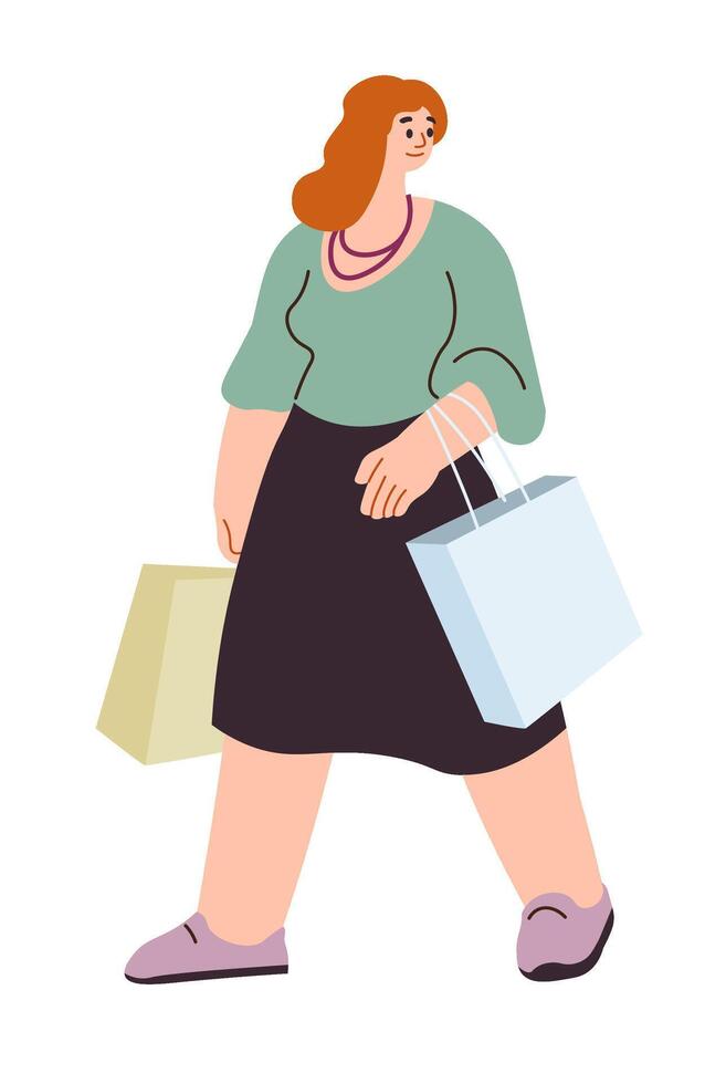 fêmea personagem caminhando com bolsas a partir de lojas vetor