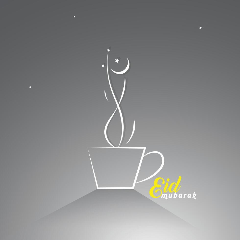 eid Mubarak com uma café copo e fumaça. lua e estrelas vetor