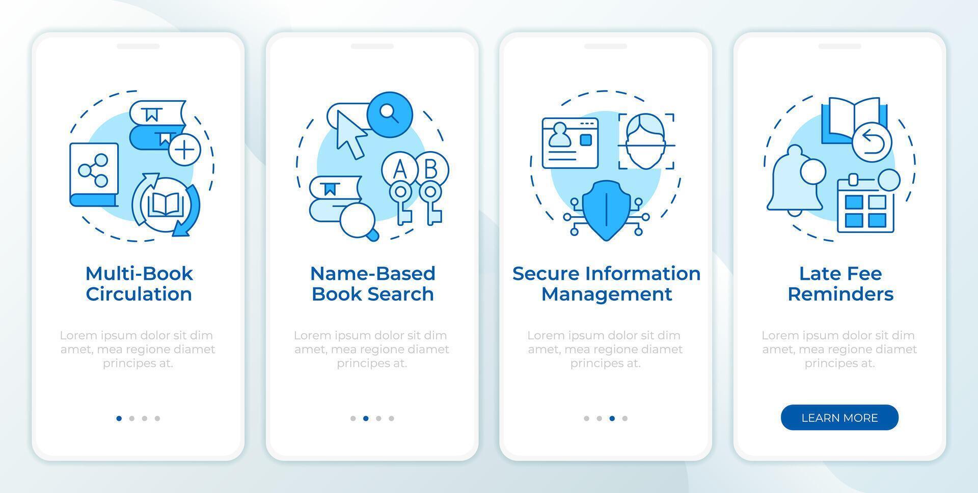 rfid livro gestão azul onboarding Móvel aplicativo tela. passo a passo 4 passos editável gráfico instruções com linear conceitos. interface do usuário, ux, gui modelo. Monserrate seminegrito, regular fontes usava vetor