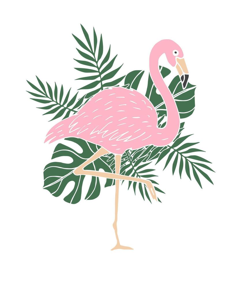 vetor mão desenhado Rosa flamingo com Palma folhas