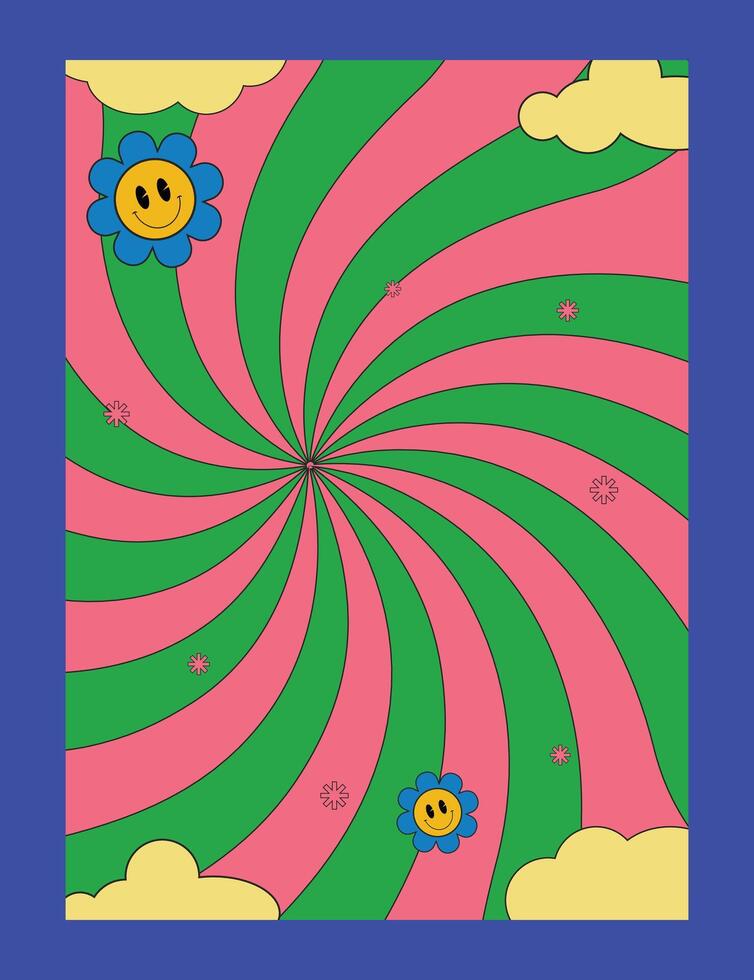brilhante groovy cartazes Anos 70 Projeto. retro poster com psicodélico estilo com raios, nuvem e flor vetor