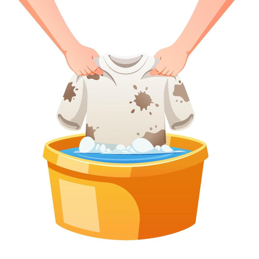 lavando roupas dentro uma bacia do água vetor isolado em branco fundo.