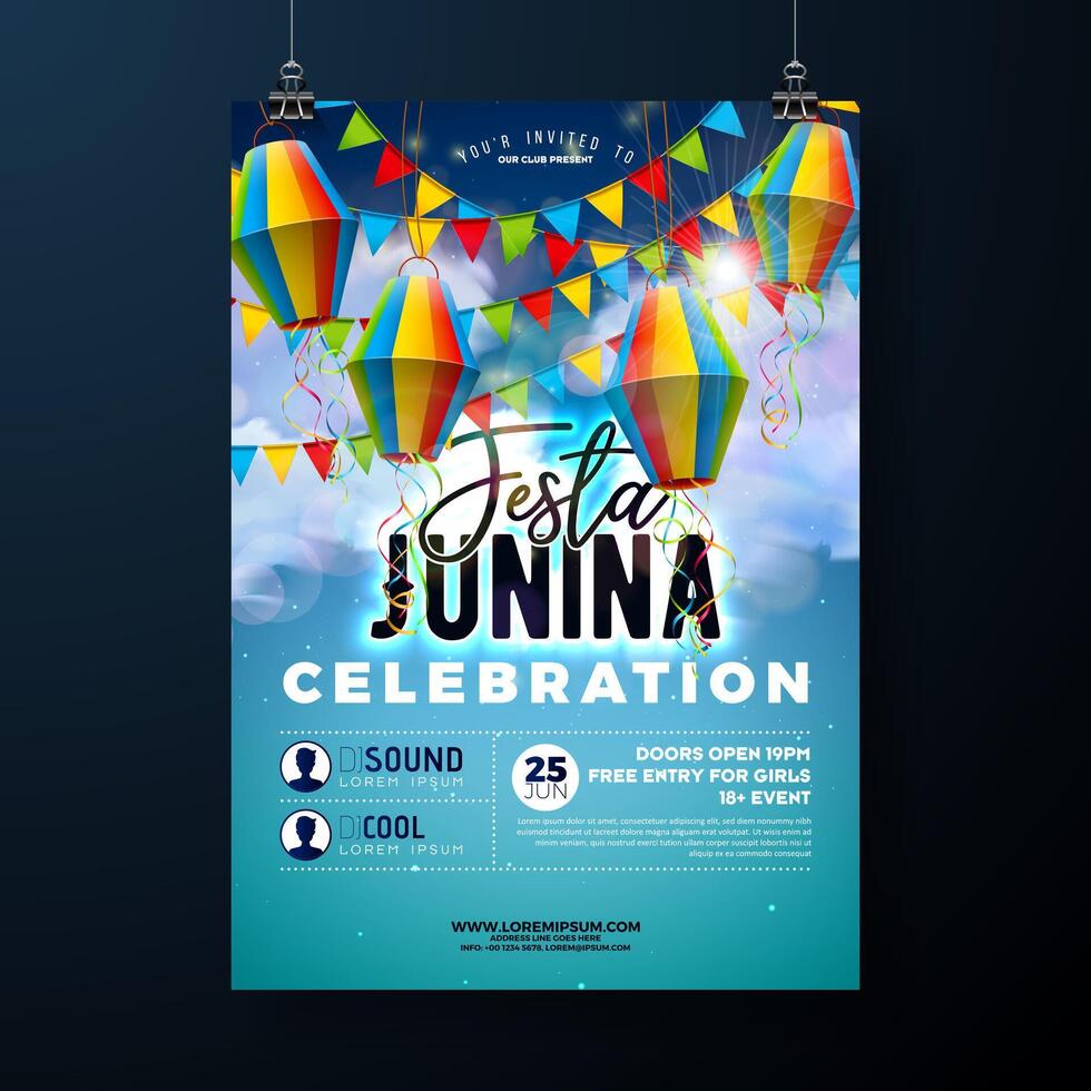 festa junina festa folheto ilustração com papel lanterna e bandeira em azul nublado céu fundo. vetor Brasil Junho são joao festival Projeto para convite ou feriado celebração poster.