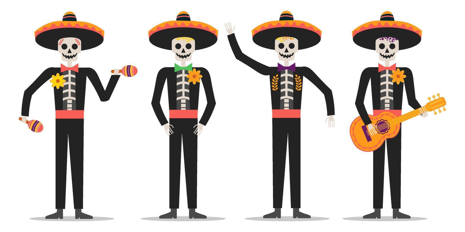 engraçado esqueletos jogando guitarra, maracás, dançando. vetor ilustração. mexicano dia do a morto feriado.