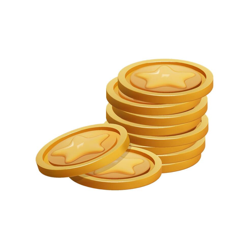 ouro moeda pilha 3d render isolado. jogos dinheiro em branco fundo. moeda com Estrela para jogos recompensa e prêmio. vetor 3d ilustração.