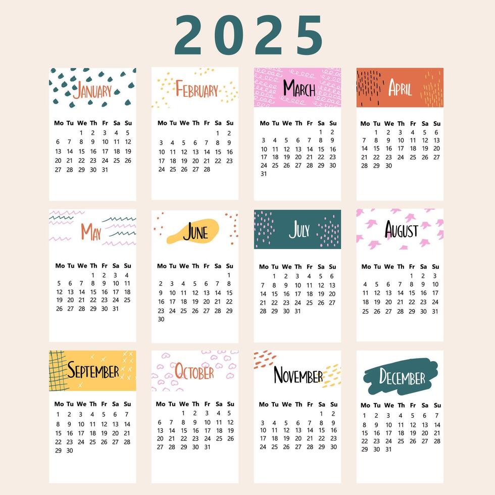 calendário 2025 dentro mão desenhado vetor