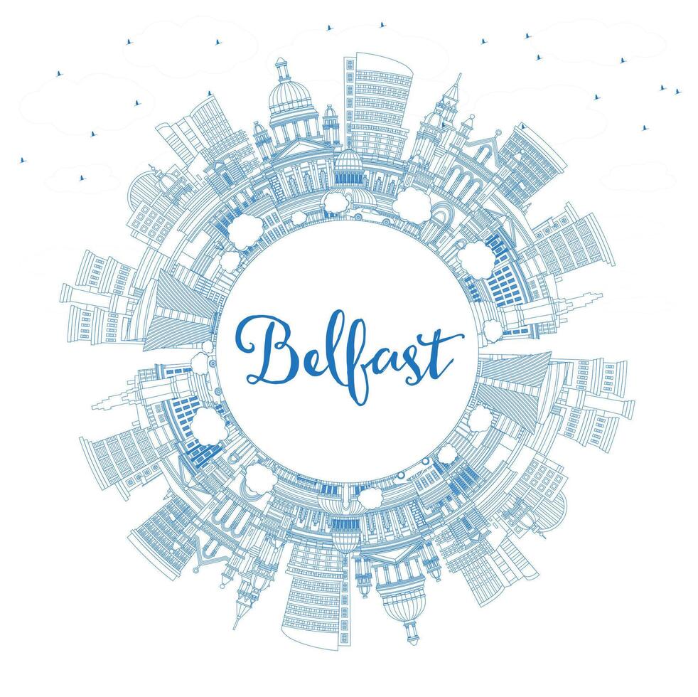 esboço Belfast norte Irlanda cidade Horizonte com azul edifícios e cópia de espaço. Belfast paisagem urbana com pontos de referência. viagem e turismo conceito com histórico arquitetura. vetor