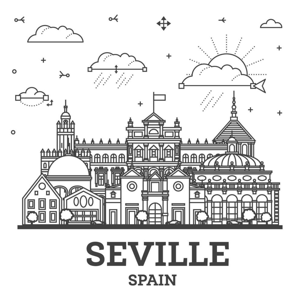 esboço Sevilha Espanha cidade Horizonte com histórico edifícios isolado em branco. ilustração. Sevilha paisagem urbana com pontos de referência. vetor