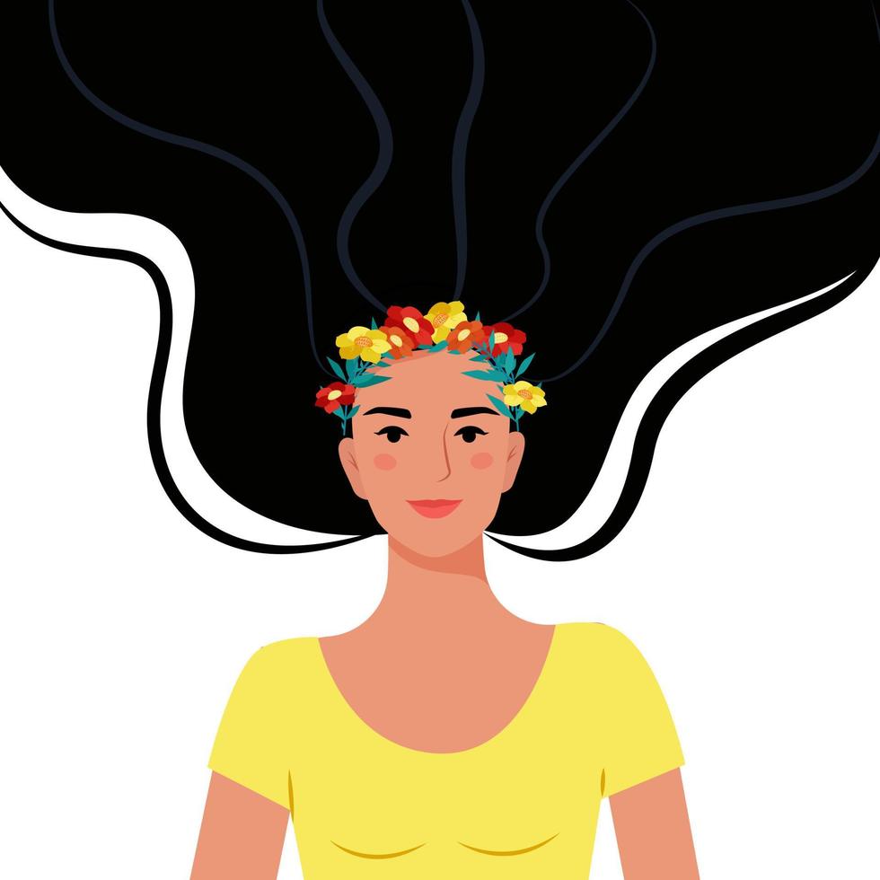 menina em uma coroa de flores. retrato de uma jovem atraente. ilustração vetorial em estilo simples vetor