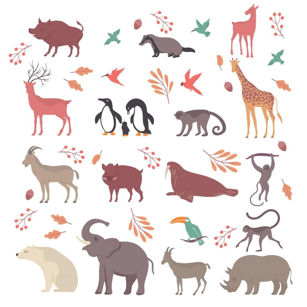 conjunto de ícones planos de vida selvagem vetor