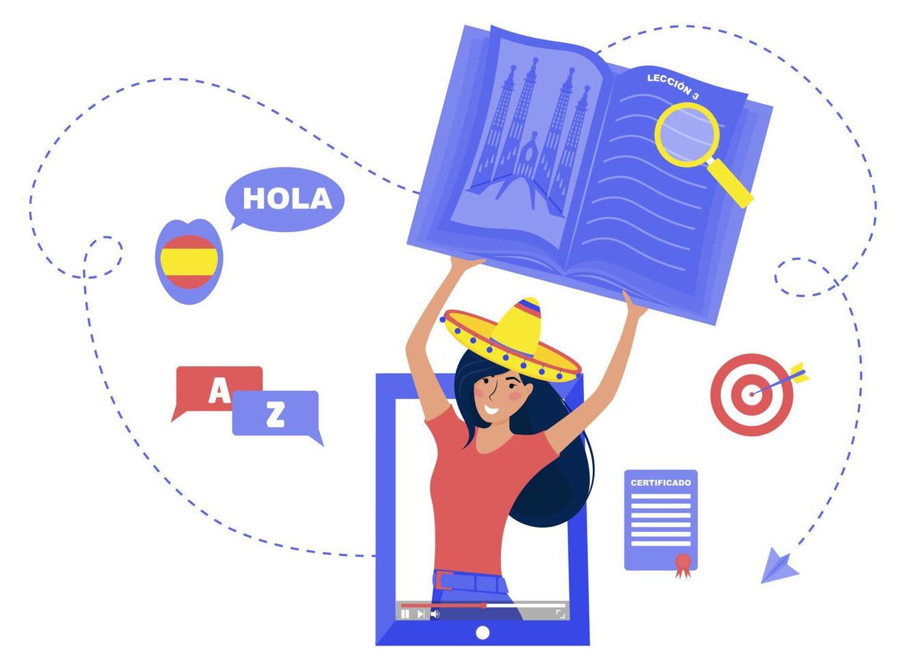 ilustração em vetor de tutor espanhol. estudar online. vídeo tutorial. Cursos online. escola de idiomas. aréola. Olá. diga oi. professora de espanhol.