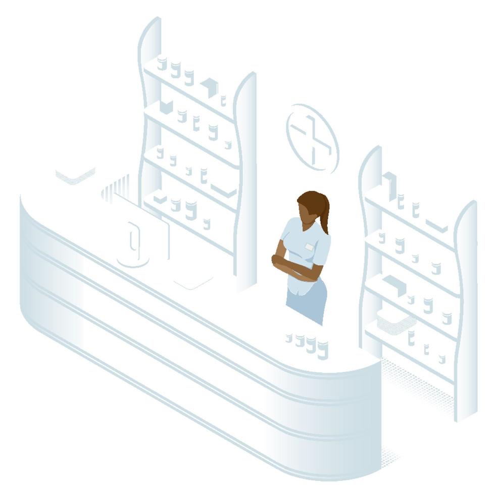 loja de farmácia isométrica e médico farmacêutico. vetor