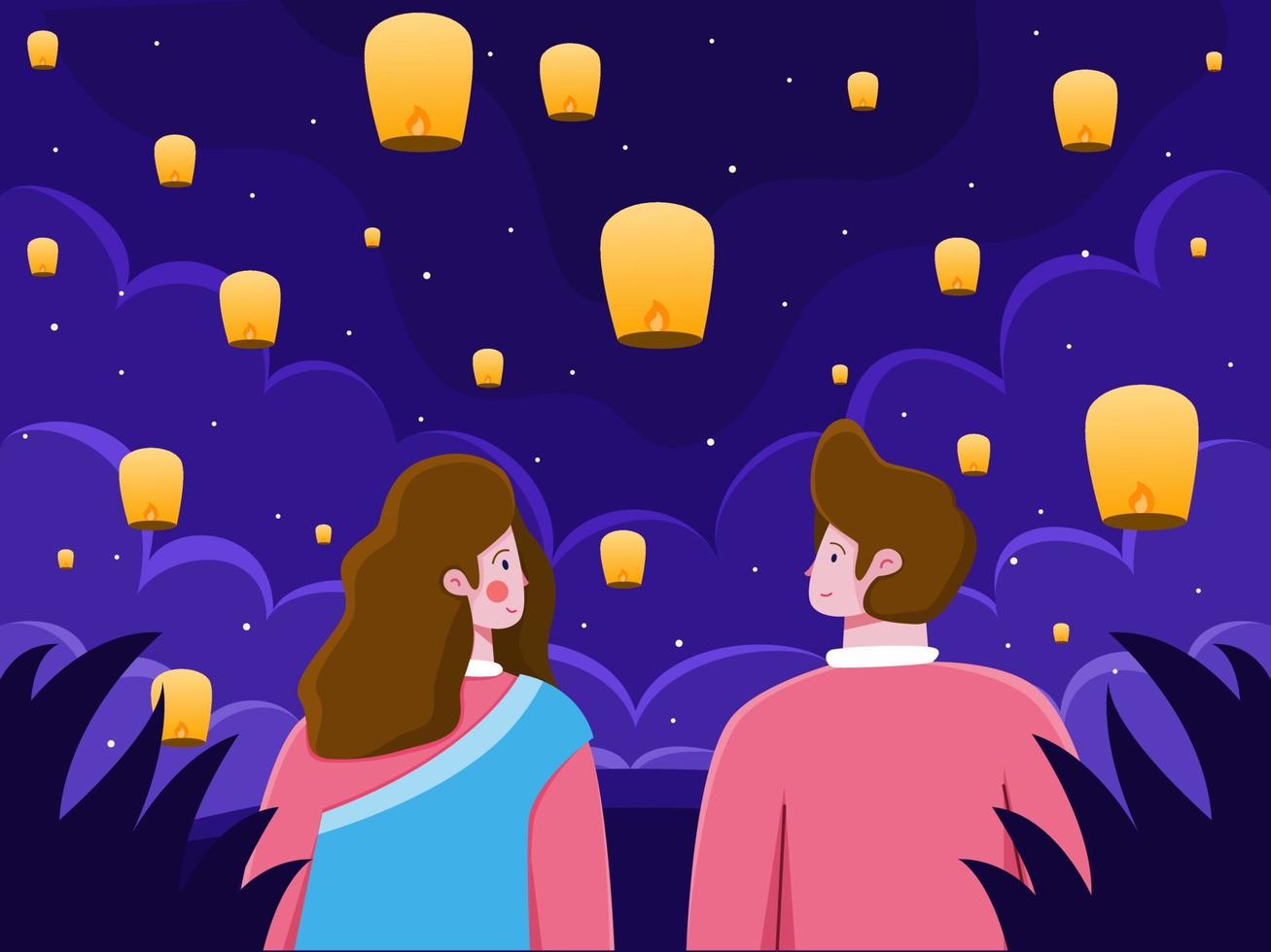 casal curtindo a bela noite junto com lanternas voadoras para celebrar o festival de diwali da Índia. pode ser usado para cartão de felicitações, cartão postal, convite, banner, pôster, web, mídia social, impressão, etc. vetor