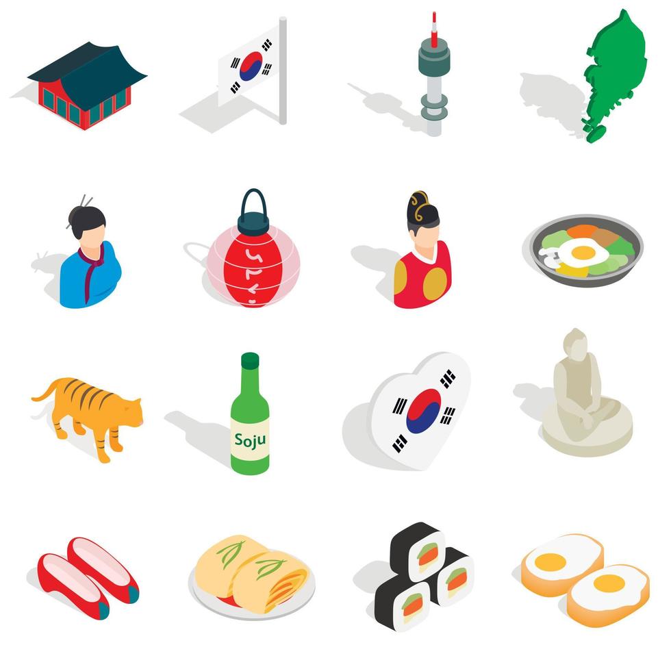 conjunto de ícones da República da Coréia, estilo 3D isométrico vetor