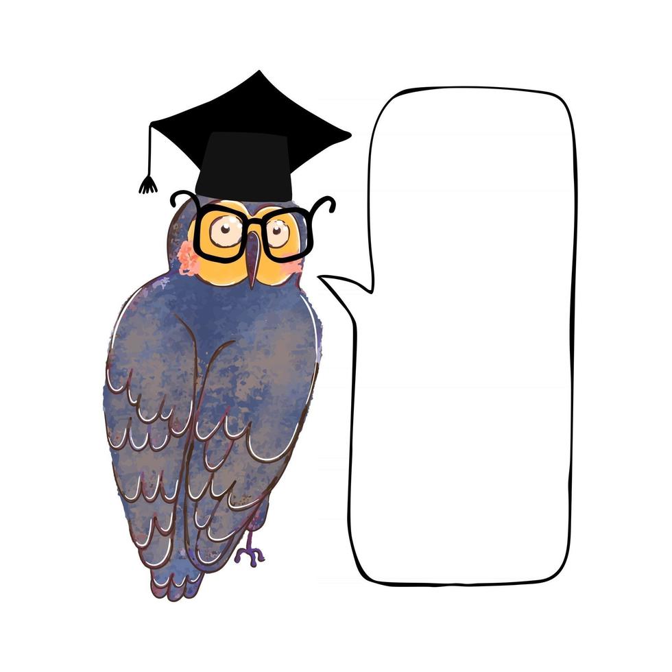ilustração vetorial colorida de coruja fofa em chapéu de pós-graduação e balão de fala vetor