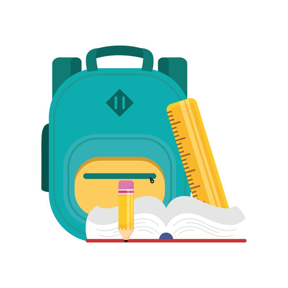 equipamento de mochila escolar com livro e regra vetor