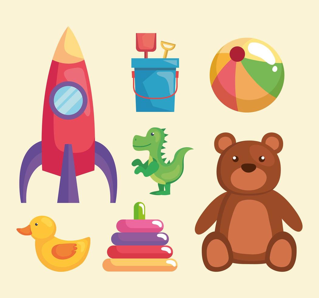 sete ícones de brinquedos infantis vetor
